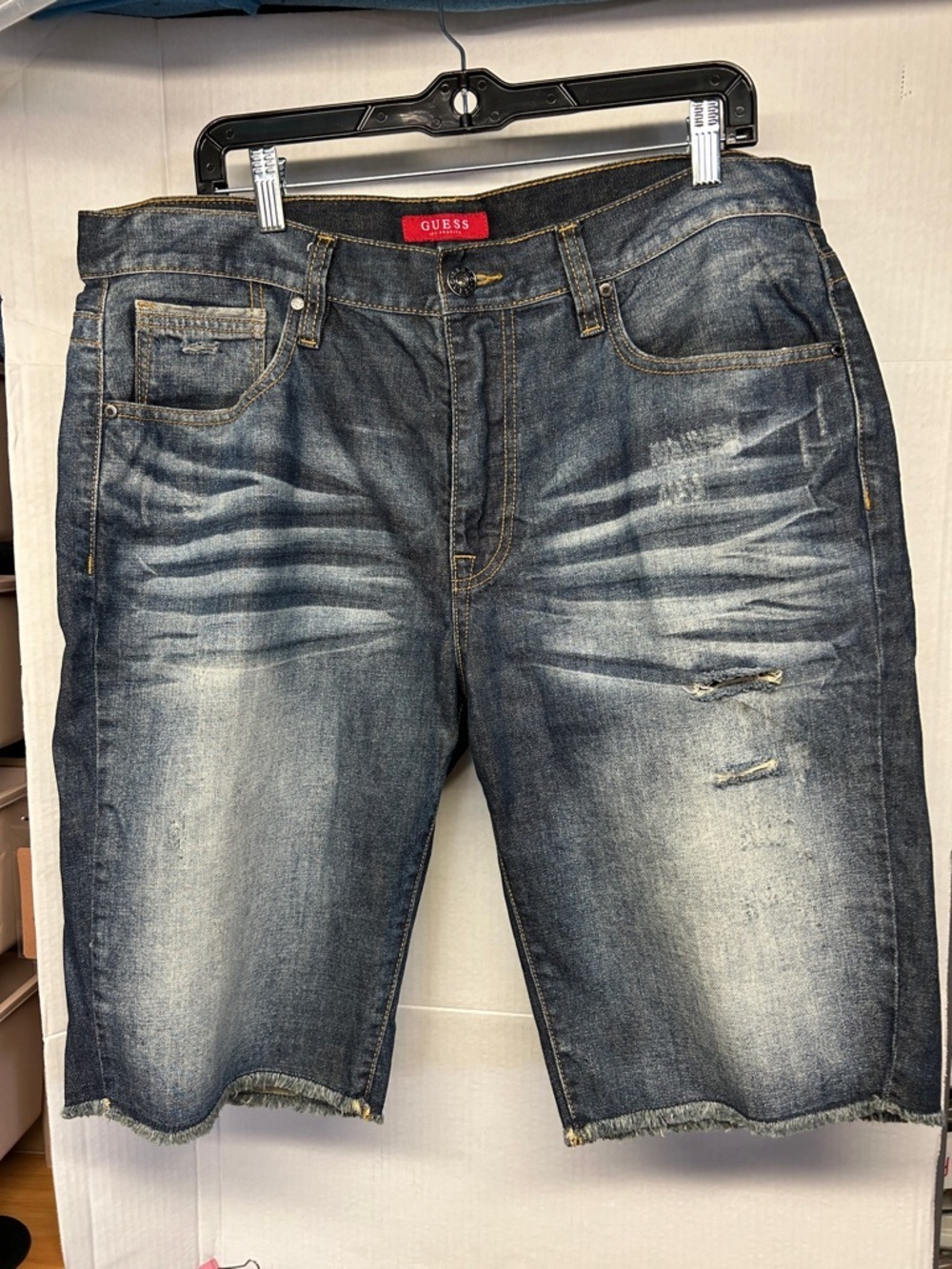 GUESS Men's Faded Dark Blue Distressed Denim Shorts Size 36